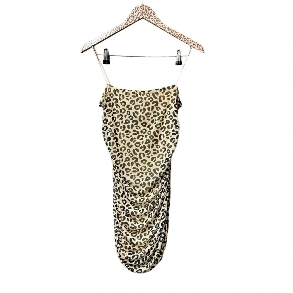 Sandy Liang Lily Leopard Print Sleeveless Ruched Mini Dress Bodycon 6 - Picture 3 of 15